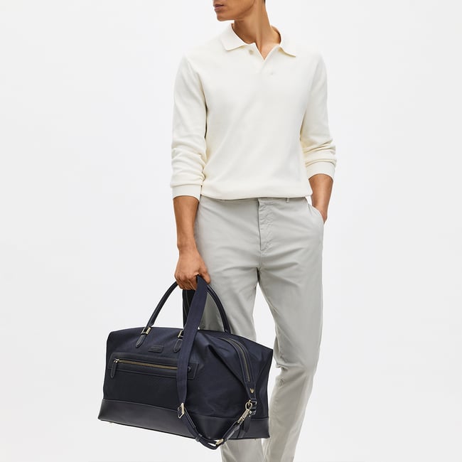 Men's Holdall Navy Nylon Canvas with Leather Trim