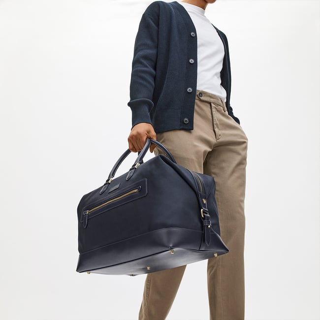 Men's Weekend Bag Navy Nylon Canvas with Leather Trim