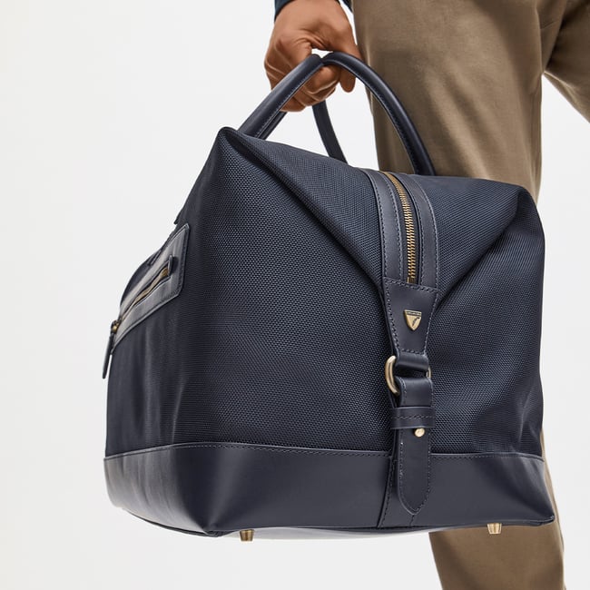 Men's Weekend Bag Navy Nylon Canvas with Leather Trim