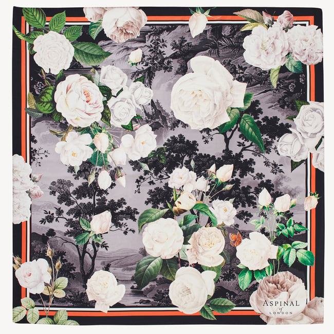 Roses of the Orient Silk Scarf Black & White Pure Silk
