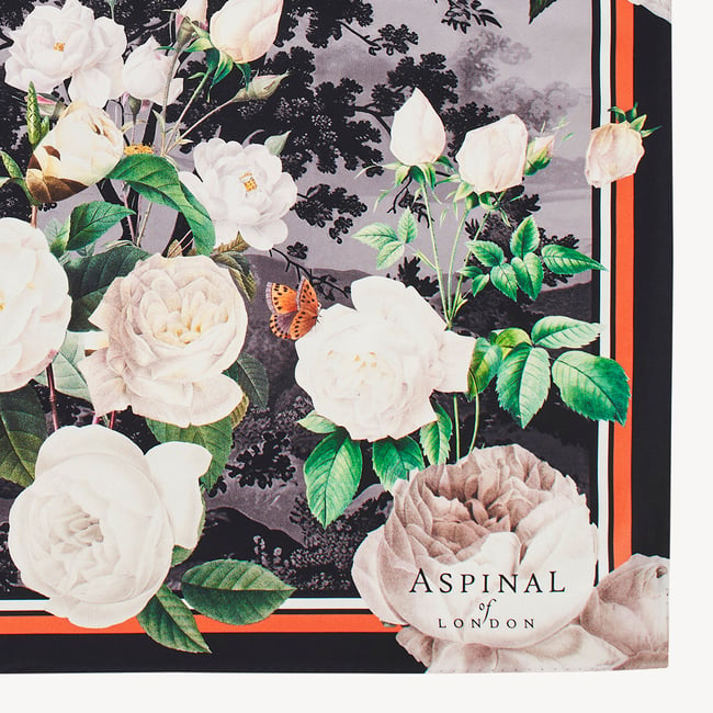 Roses of the Orient Silk Scarf Black & White Pure Silk