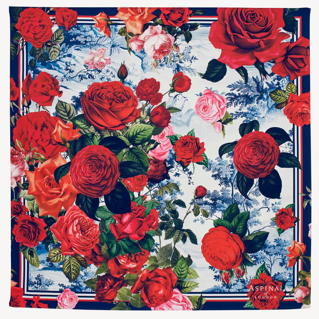 Roses of the Orient Silk Scarf Red & Navy Pure Silk