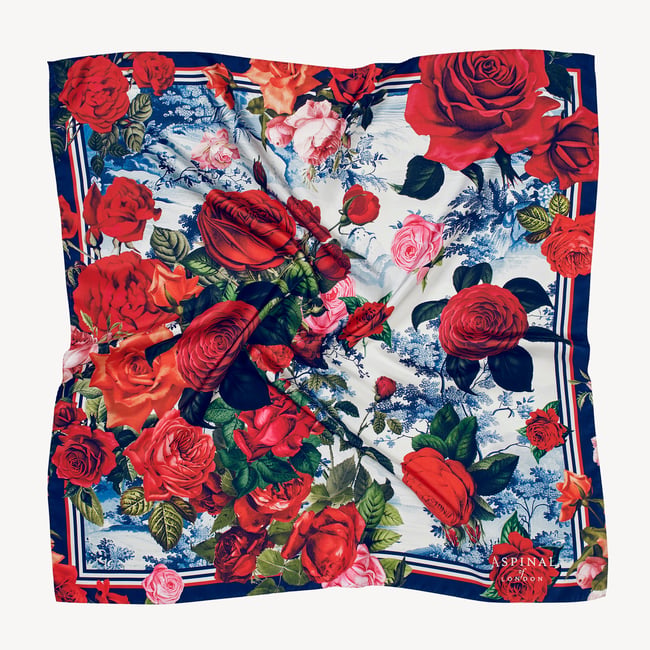 Roses of the Orient Silk Scarf Red & Navy Pure Silk