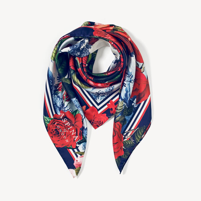 Roses of the Orient Silk Scarf Red & Navy Pure Silk