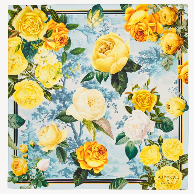 Roses of the Orient Silk Scarf Yellow & Blue Pure Silk