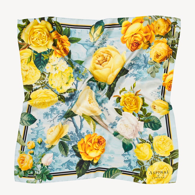 Roses of the Orient Silk Scarf Yellow & Blue Pure Silk
