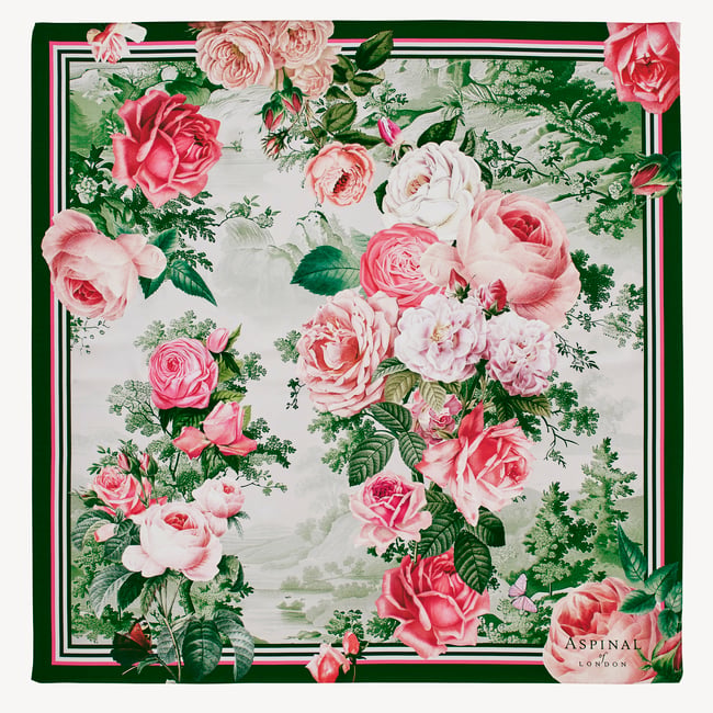 Roses of the Orient Silk Scarf Pink & Green Pure Silk
