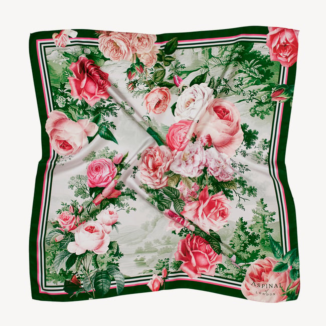 Roses of the Orient Silk Scarf Pink & Green Pure Silk
