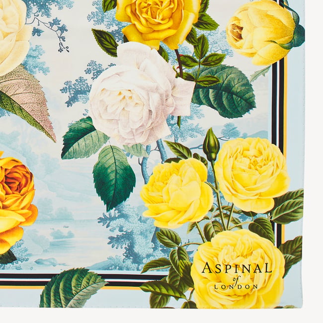Roses of the Orient Silk Scarf Yellow & Blue Pure Silk