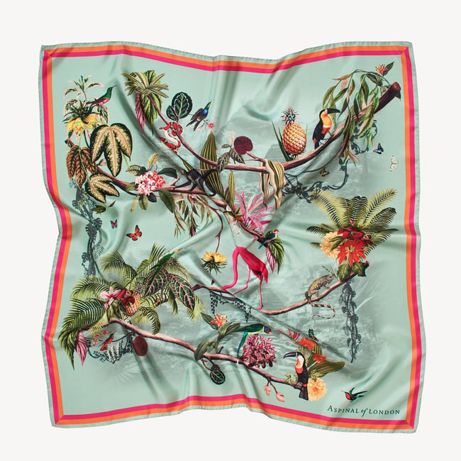 Tropical Garden Silk Scarf Teal Pure Silk