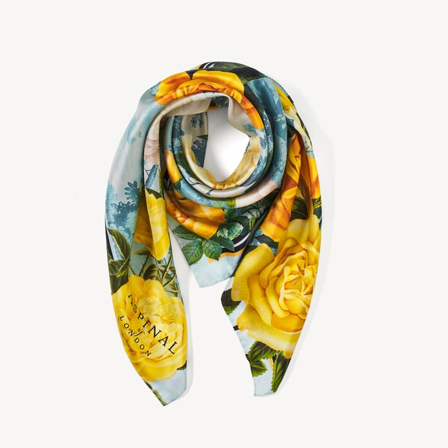 Roses of the Orient Silk Scarf Yellow & Blue Pure Silk