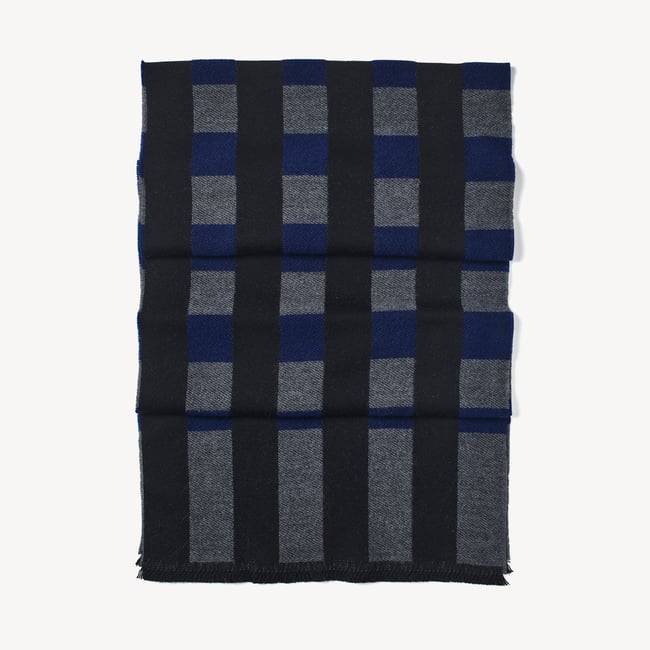 Exploded Check Wool Scarf Navy, Black, & Grey Pure Wool