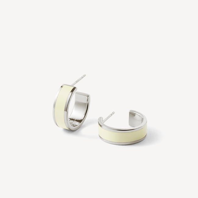 Enamel Hoop Earrings Ivory Enamel & Palladium Silver Plated