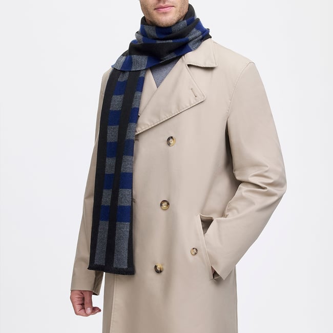Exploded Check Wool Scarf Navy, Black, & Grey Pure Wool