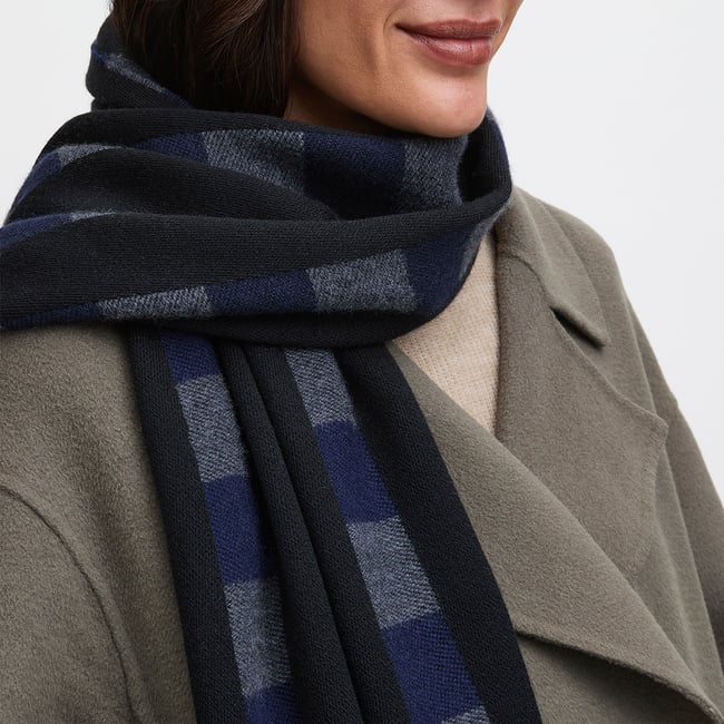 Exploded Check Wool Scarf Navy, Black, & Grey Pure Wool