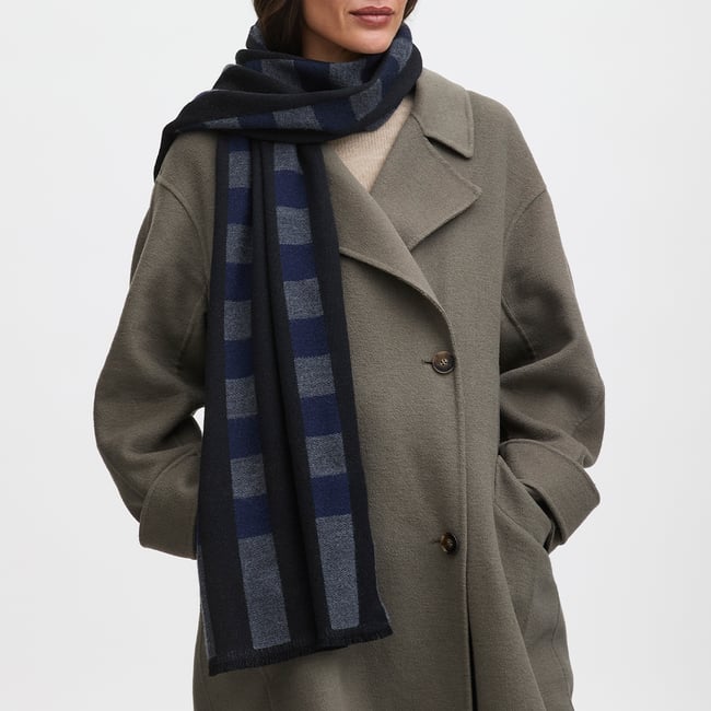 Exploded Check Wool Scarf Navy, Black, & Grey Pure Wool