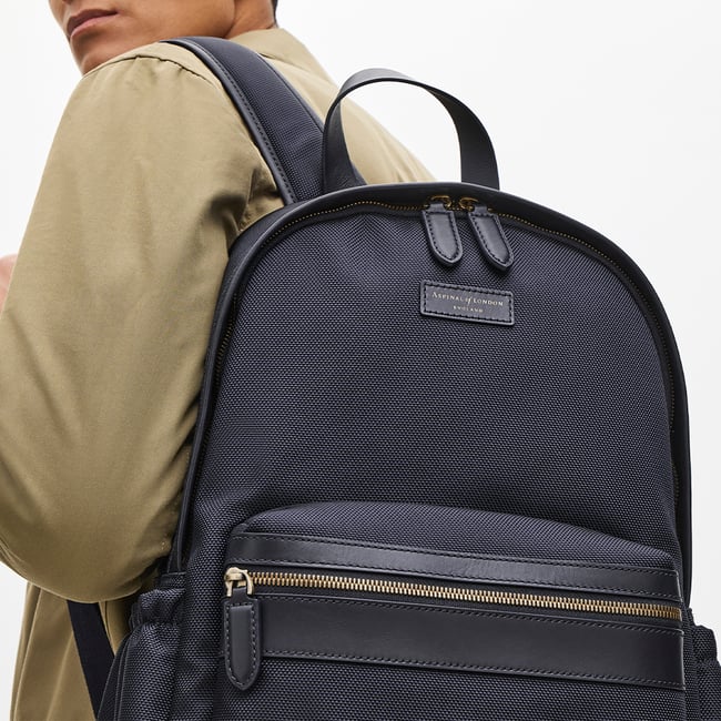 Men's Backpack Navy Nylon Canvas with Leather Trim