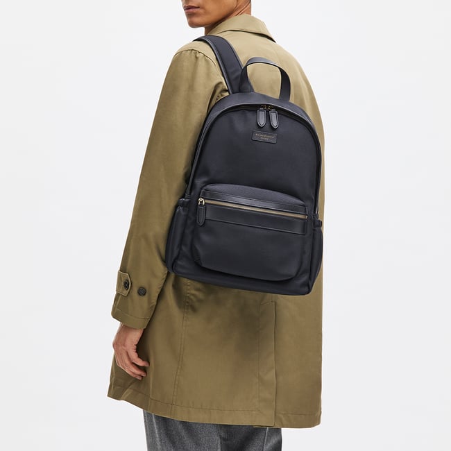 Men's Backpack Navy Nylon Canvas with Leather Trim