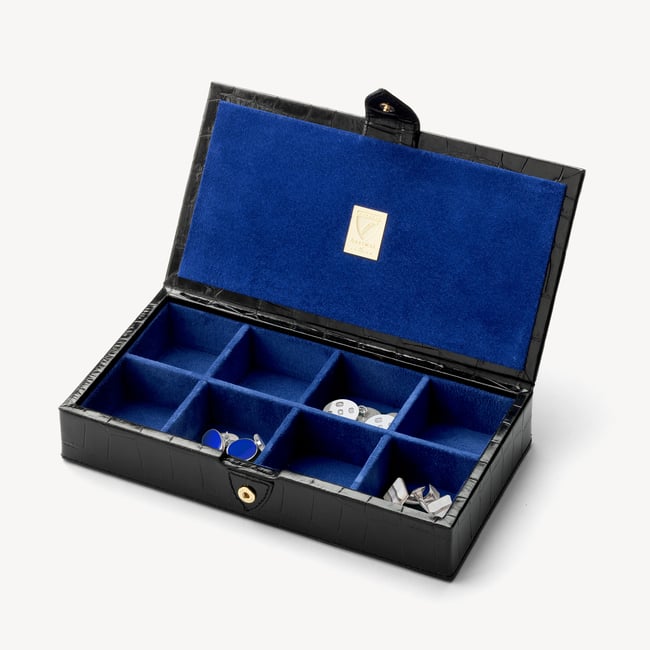 Men's Cufflink Box Deep Shine Black Croc & Cobalt Blue Suede