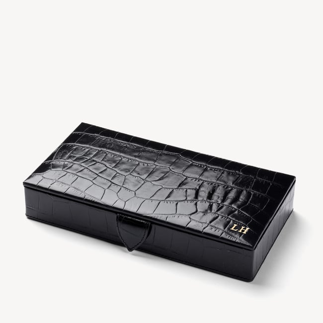 Men's Cufflink Box Deep Shine Black Croc & Cobalt Blue Suede