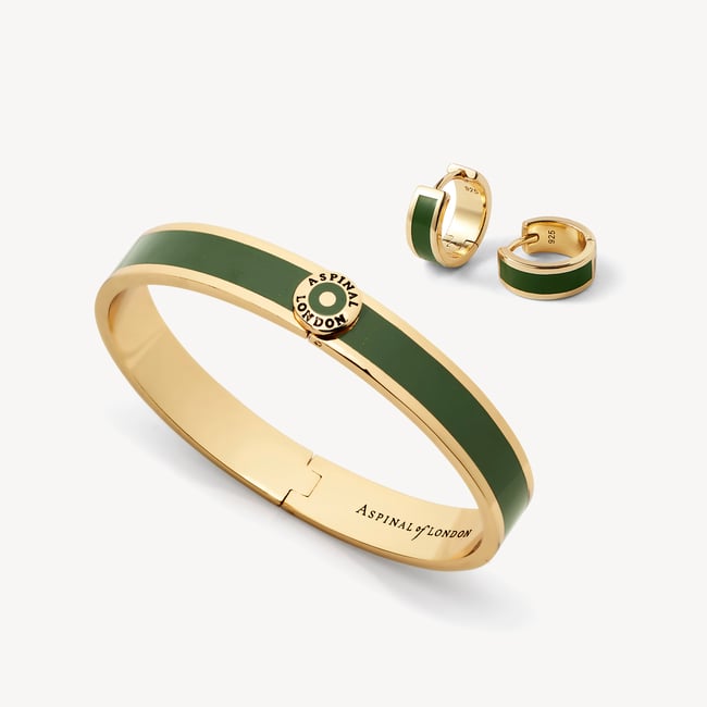 Enamel Earrings & Bangle Set Racing Green Enamel & 18ct Gold Plated