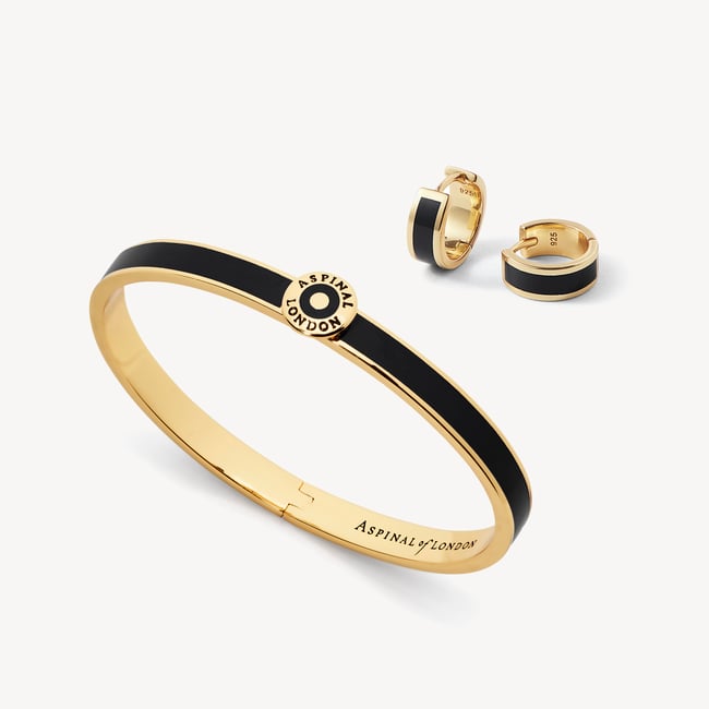 Enamel Earrings & Bangle Set Black Enamel & 18ct Gold Plated