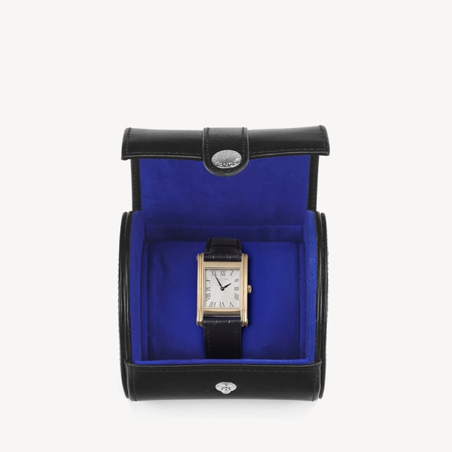 Travel Watch Roll Smooth Black & Cobalt Blue Suede