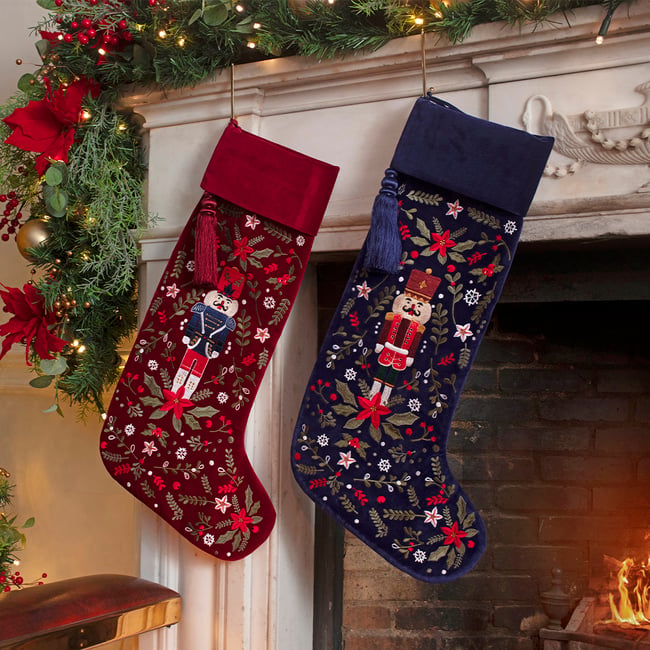 Luxury Personalised Christmas Stocking Nutcracker Soldier Embroidery on Red Velvet