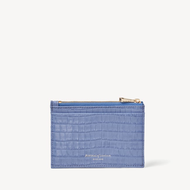 Double Sided Zipped Card & Coin Holder Deep Shine Capri Blue Small Croc