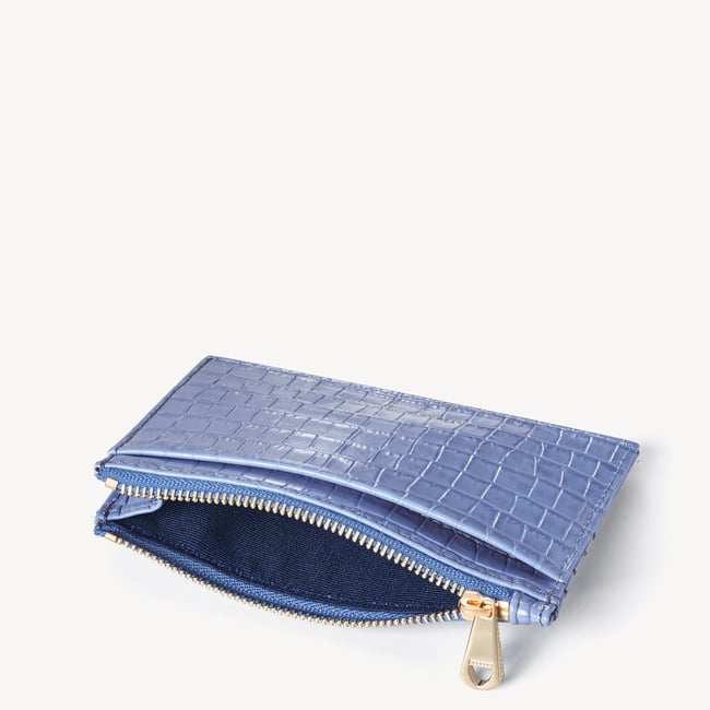 Double Sided Zipped Card & Coin Holder Deep Shine Capri Blue Small Croc