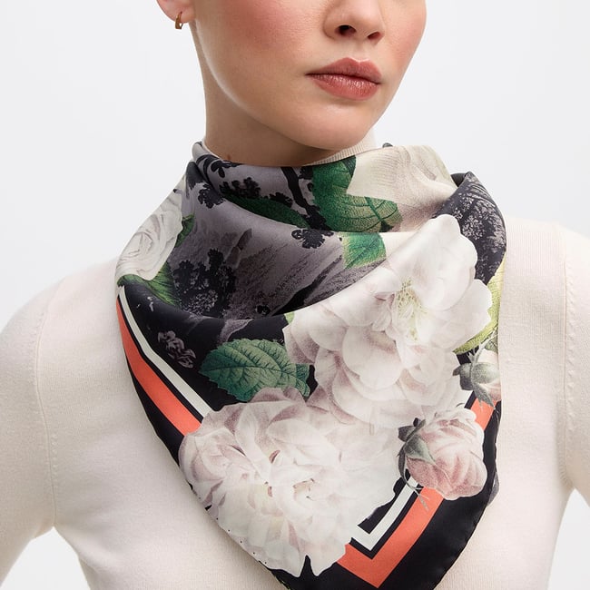 Roses of the Orient Silk Scarf Black & White Pure Silk