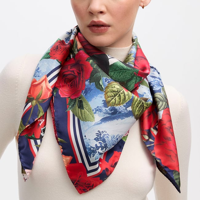 Roses of the Orient Silk Scarf Red & Navy Pure Silk