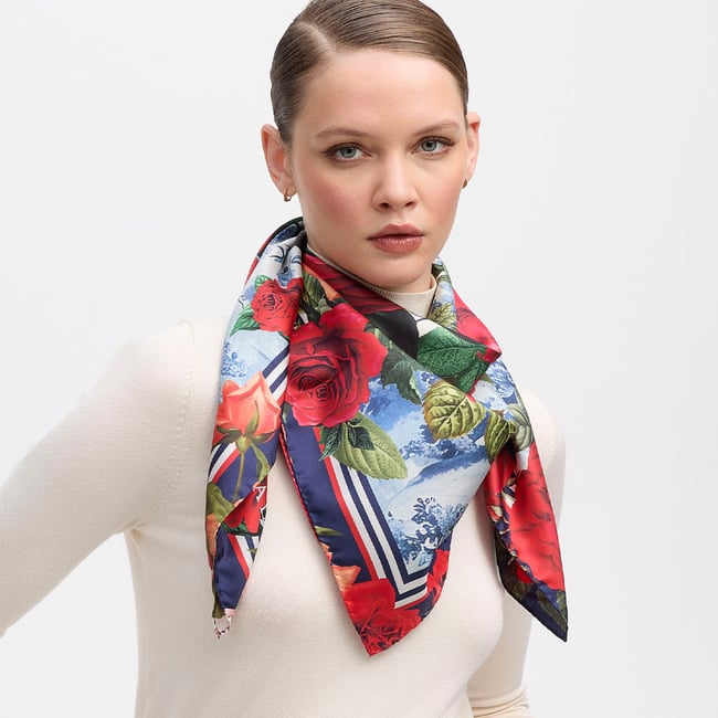 Roses of the Orient Silk Scarf Red & Navy Pure Silk