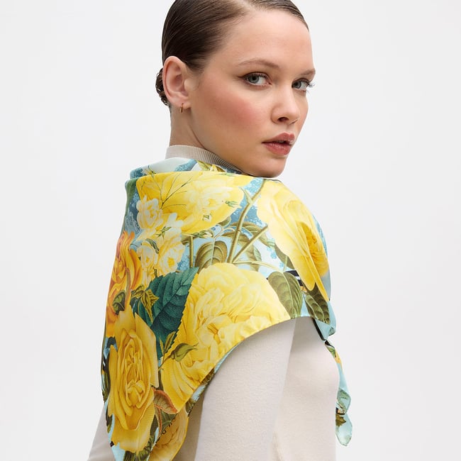 Roses of the Orient Silk Scarf Yellow & Blue Pure Silk