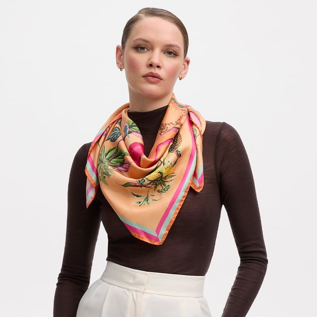Tropical Garden Silk Scarf Orange Pure Silk