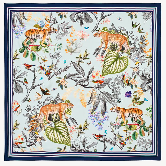 Tigers & Leopards Silk Scarf Teal Pure Silk