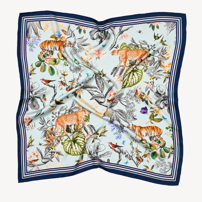 Tigers & Leopards Silk Scarf Teal Pure Silk