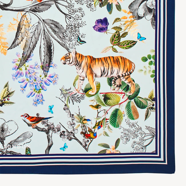 Tigers & Leopards Silk Scarf Teal Pure Silk
