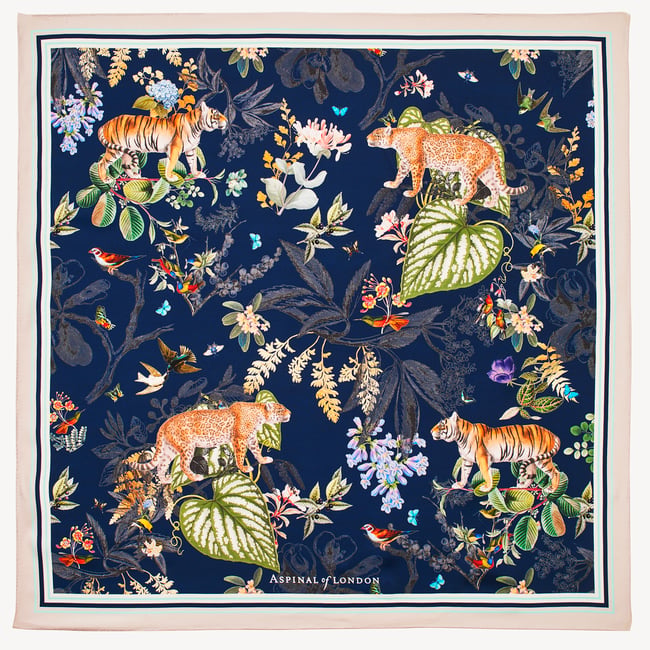 Tigers & Leopards Silk Scarf Navy Pure Silk