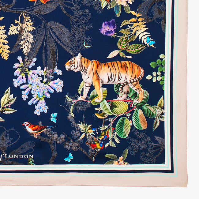 Tigers & Leopards Silk Scarf Navy Pure Silk