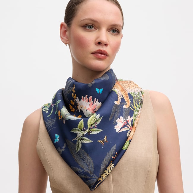 Tigers & Leopards Silk Scarf Navy Pure Silk