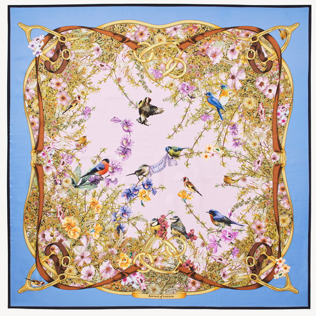Edwardian Garden Silk Scarf Capri Blue & Lilac Pure Silk