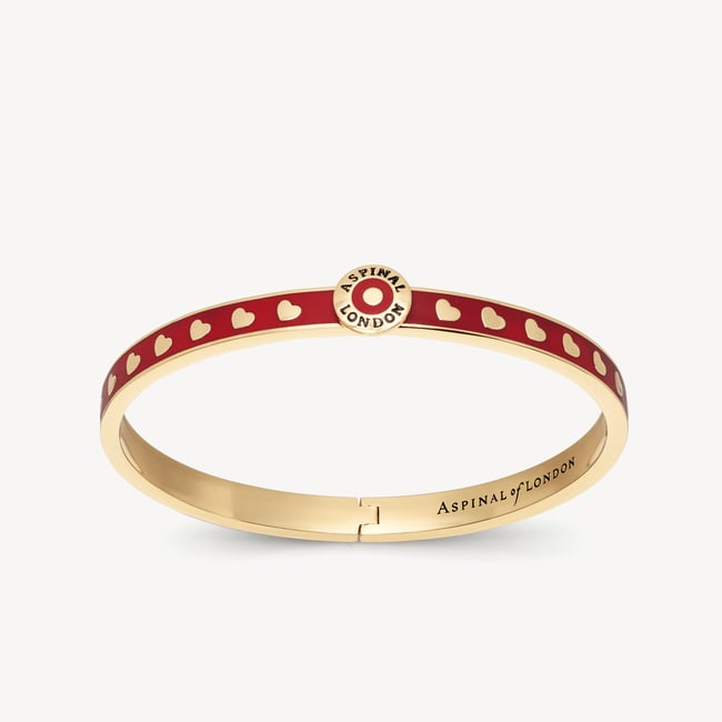 Thin Love Hearts Bangle Cardinal Red Enamel & 18ct Gold Plated