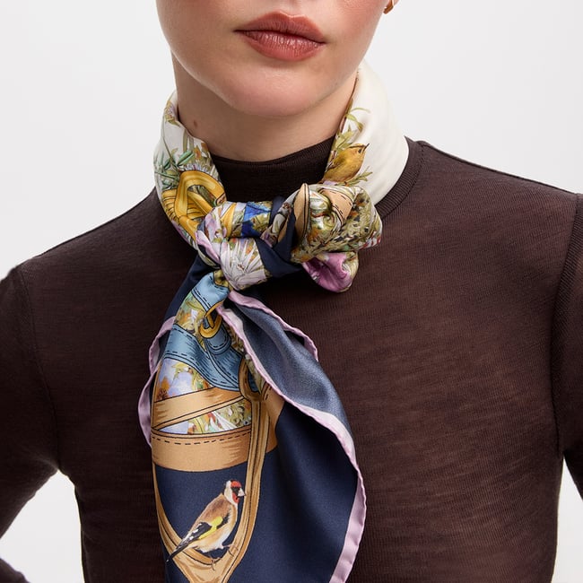 Edwardian Garden Silk Scarf Navy Pure Silk