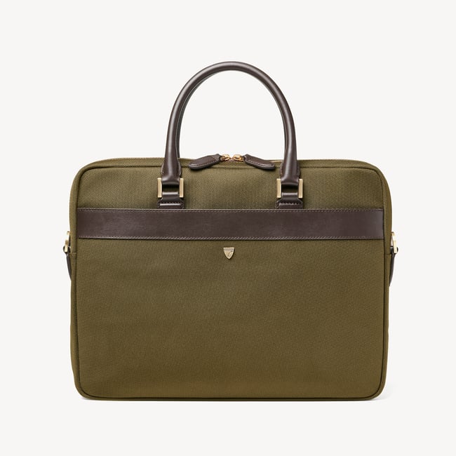 Slim Nylon Briefcase Olive Nylon Canvas with Leather Trim