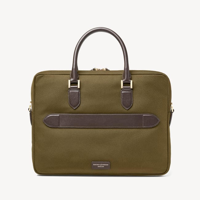 Slim Nylon Briefcase Olive Nylon Canvas with Leather Trim