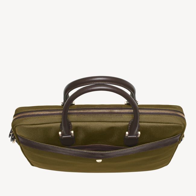 Slim Nylon Briefcase Olive Nylon Canvas with Leather Trim