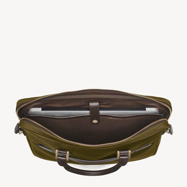 Slim Nylon Briefcase Olive Nylon Canvas with Leather Trim