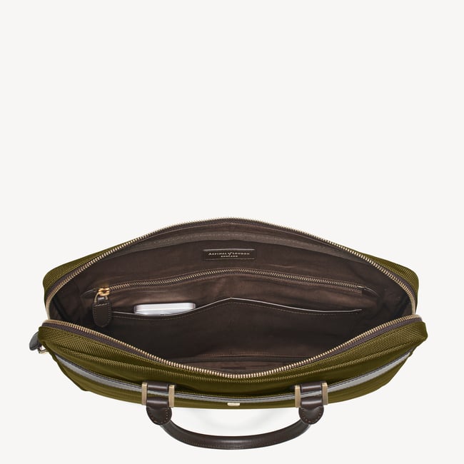 Slim Nylon Briefcase Olive Nylon Canvas with Leather Trim