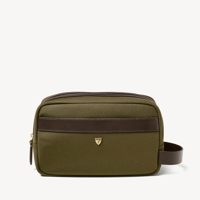 Men's Wash Bag Olive Nylon Canvas with Leather Trim